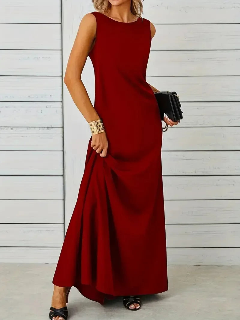 Women's Summer Elegant Long Dress Fashion Solid Sleeveless O-neck Temperament Slim Maxi Dress Ladies A-line Casual Dress