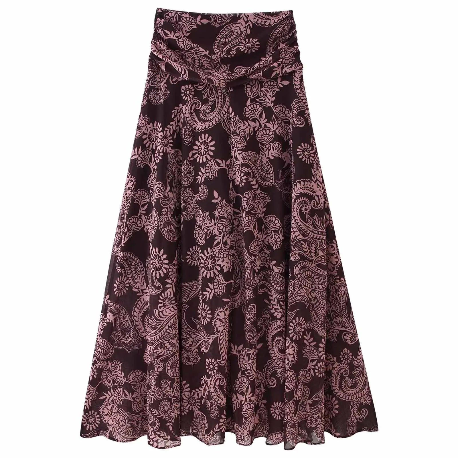 HH Woman New Early Spring Fashion Chiffon Printing Pleated Decoration Large Hem Midi Skirt Female Casual Chic Party Skirt