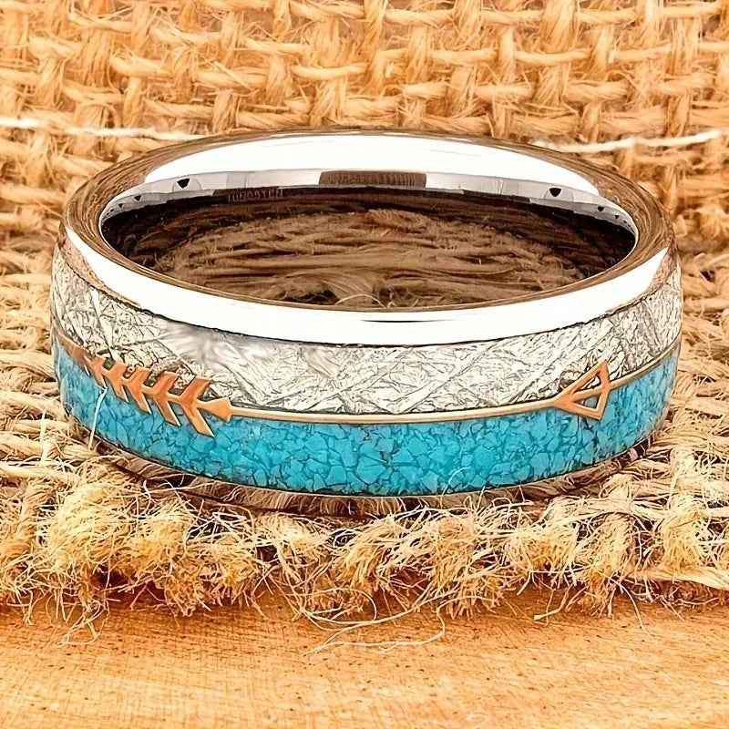 Elegant Stainless Steel Women's Vintage Ring with Unique Arrow and Turquoise Inlay - Comfort Fit for Wedding/Engagement