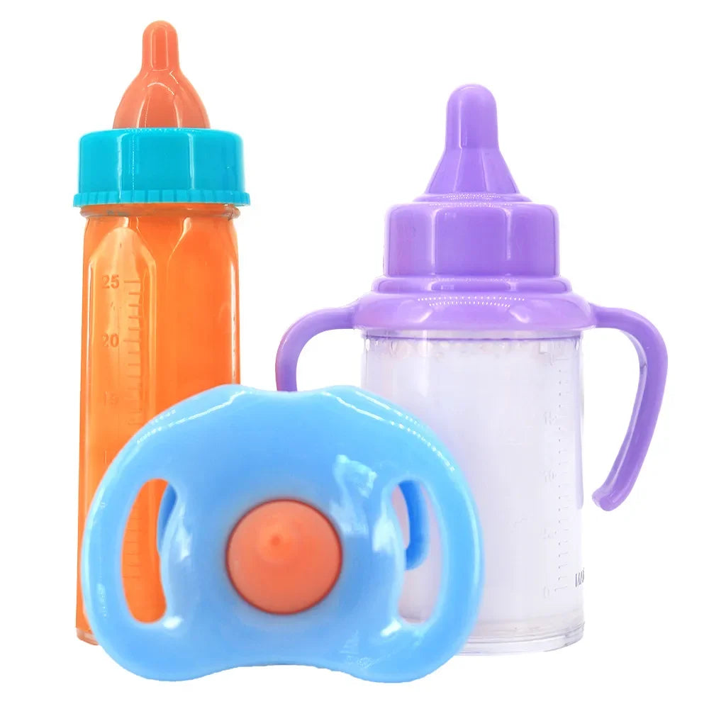Baby Doll Feeding Bottle Set | 2 Bottles & Toy Pacifier | Doll Accessories | Pink & Blue