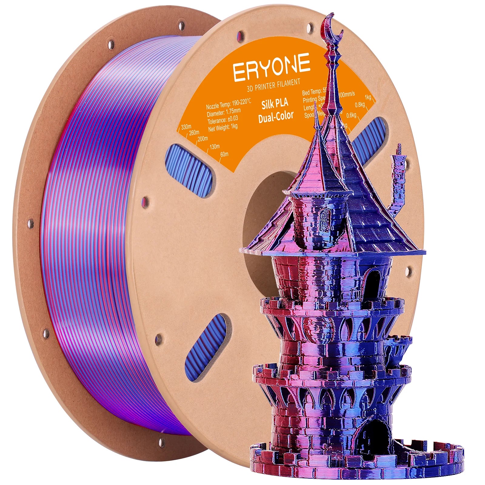 ERYONE 1KG Silk Dual Color PLA Series 3D Printer Filament 1.75mm, Dual-Color Coextrusion Silky Shiny Finish, 1kg Spool