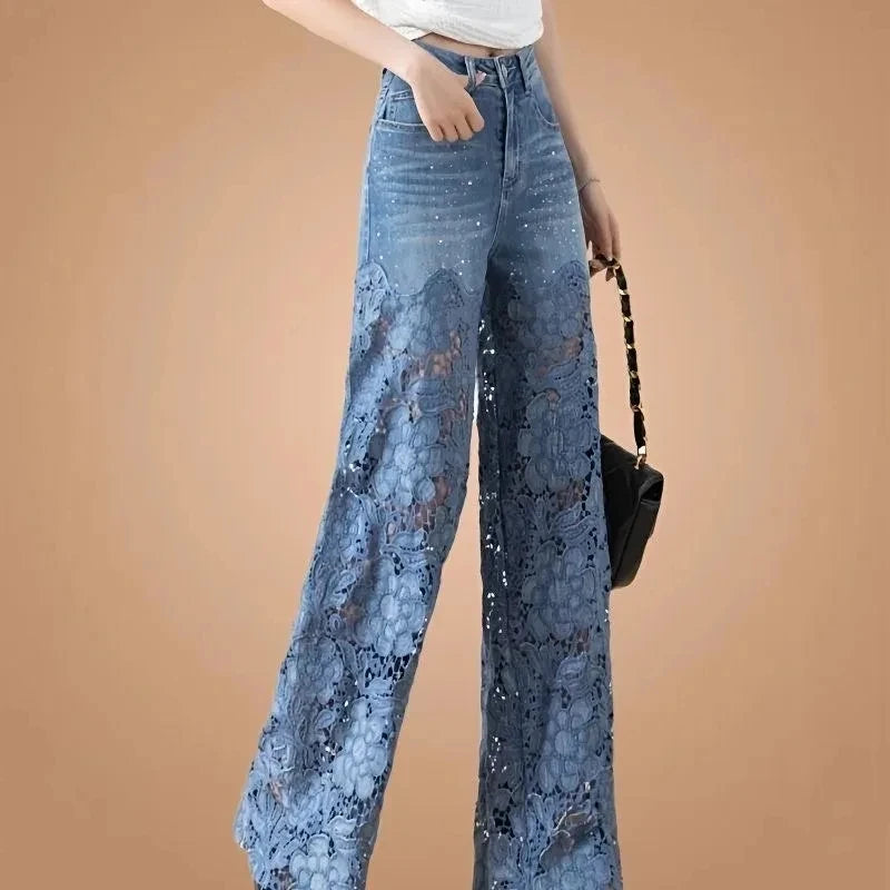 2026 Women's Patchwork Lace Hollow Out Pants Spring Summer Solid Color High-Waist Wide-Leg Pants Female Straight Trousers