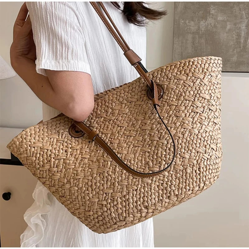 Women's Woven Straw-Style Bucket Tote Bag