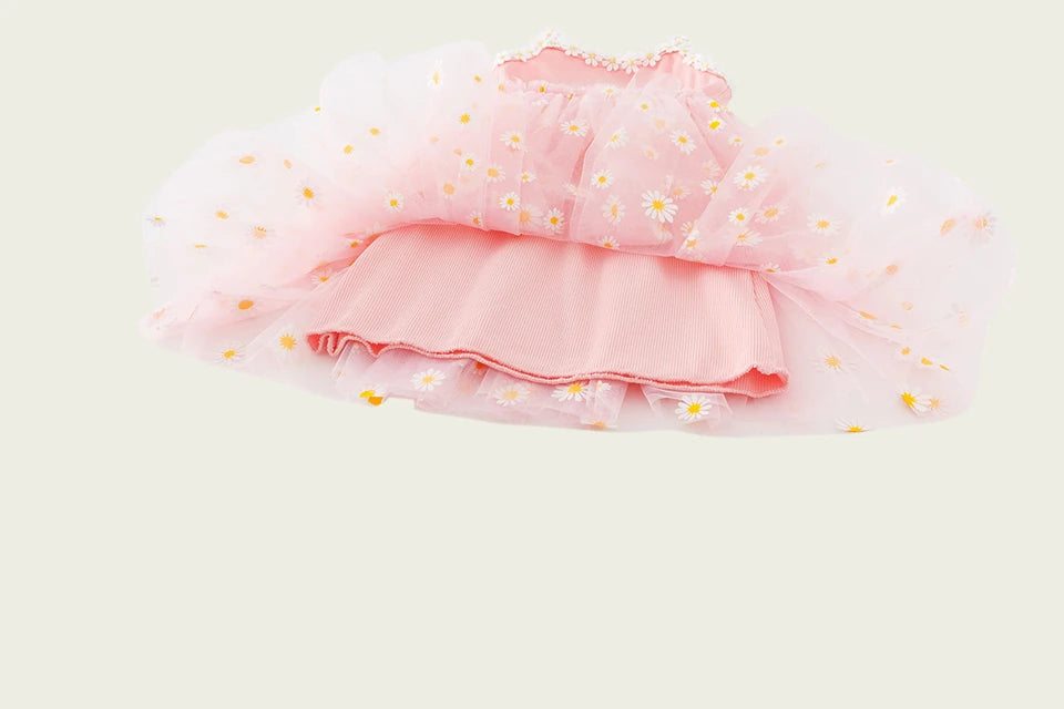2026 Summer Girls Sling Dress Cute Daisy Print Tulle Skirt Casual Party Dress Kids Princess Dress with Lace Flower Trim 2-8Years