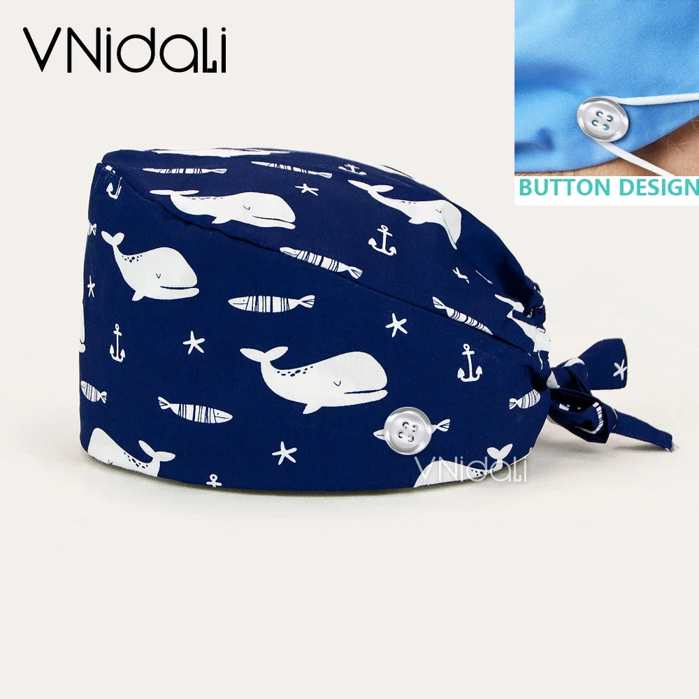 Floral Cotton Scrub Cap with Button – Adjustable Surgical Hat for Nurses, Doctors & Pet Groomers | 17 Colors