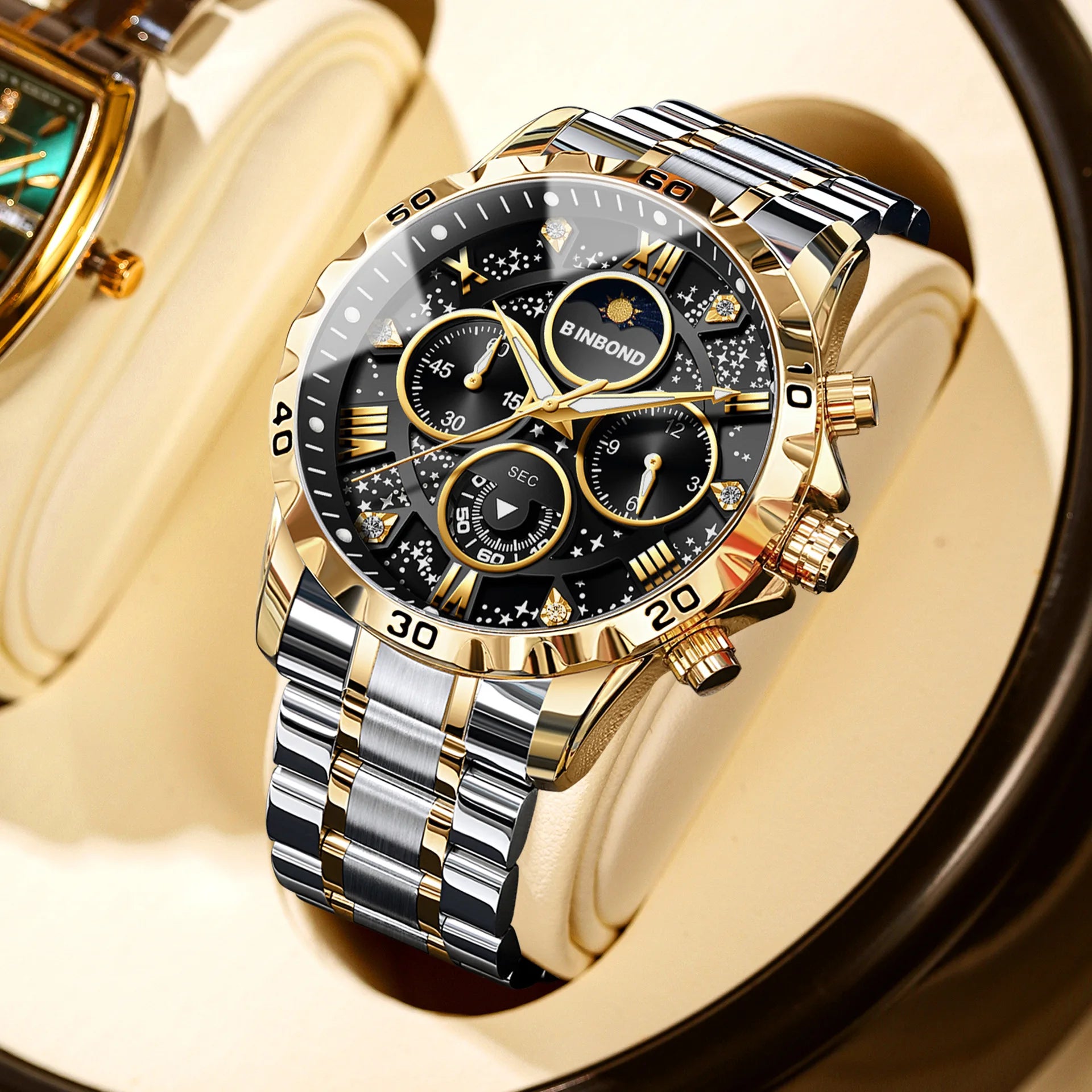 2026 Men Watch Light Luxury Business Steel Belt Moonphase Starry Night Light Waterproof Men's Fashion Quartz Clock Watches Gift