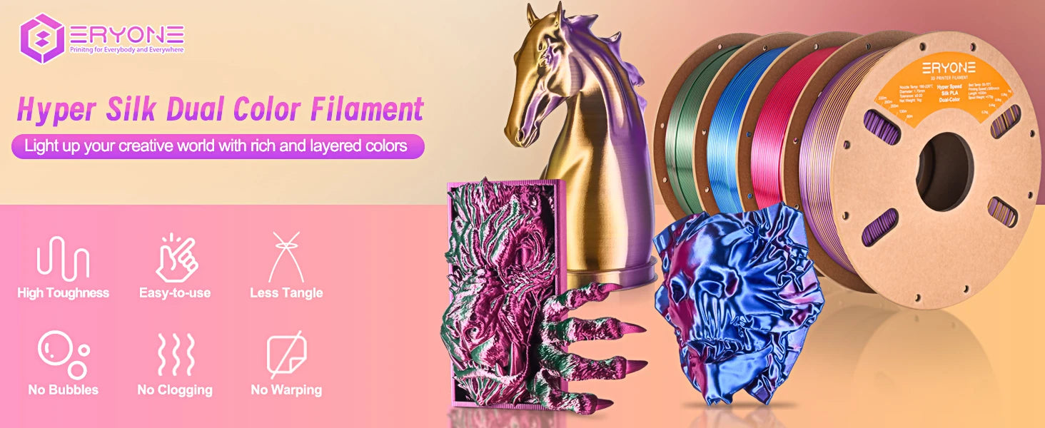 ERYONE 1KG Silk Dual Color PLA Series 3D Printer Filament 1.75mm, Dual-Color Coextrusion Silky Shiny Finish, 1kg Spool