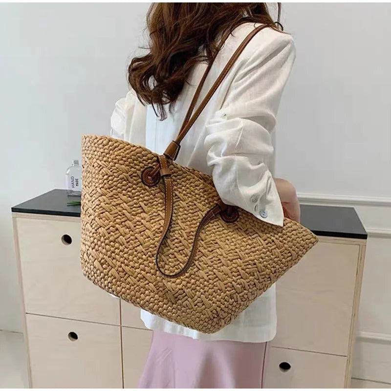 Women's Woven Straw-Style Bucket Tote Bag