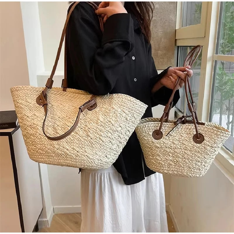 Women's Woven Straw-Style Bucket Tote Bag