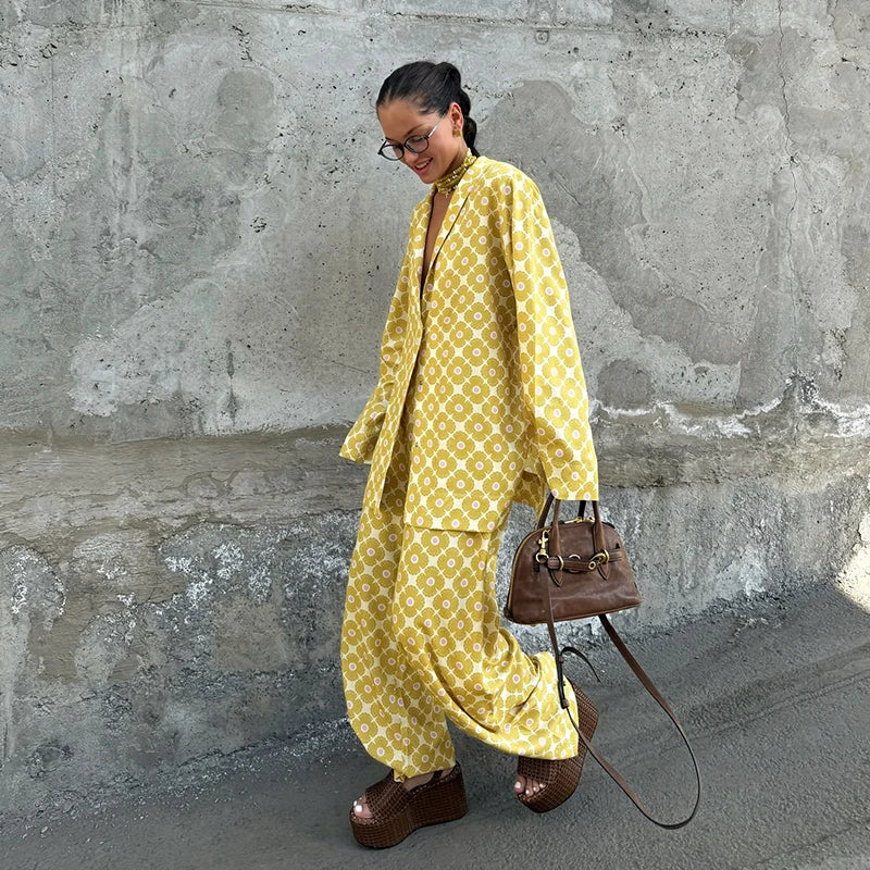 Loose Geometric Print Shirt Pant Sets for Women Ribbon Lapel Full Sleeve Pocket Shirts Wide Leg Trouser Summer Casual Suits