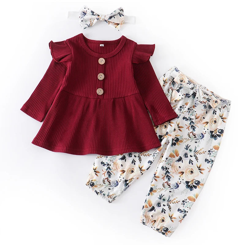 Newborn Baby Girl 3-Piece Knit Top, Floral Pants & Headband Set
