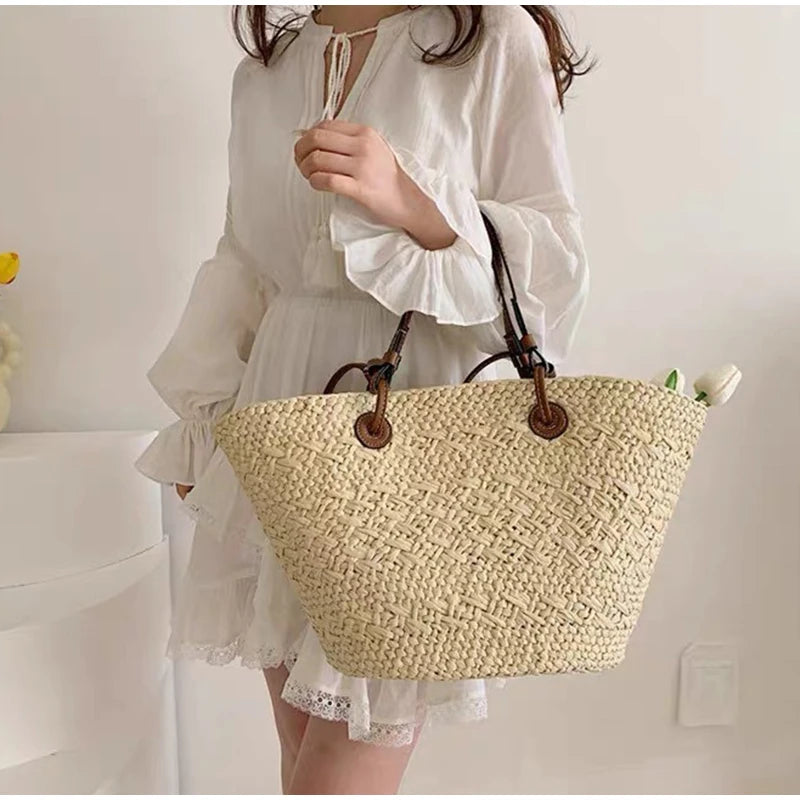 Women's Woven Straw-Style Bucket Tote Bag