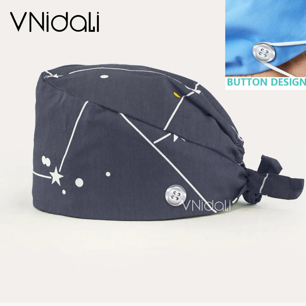 Floral Cotton Scrub Cap with Button – Adjustable Surgical Hat for Nurses, Doctors & Pet Groomers | 17 Colors