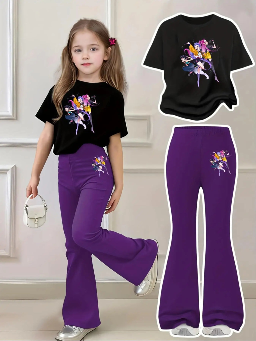 Girls' Cartoon Print Short Sleeve Top & Flared Pants Two-Piece Set – Casual Kids Outfit, Ages 4–12