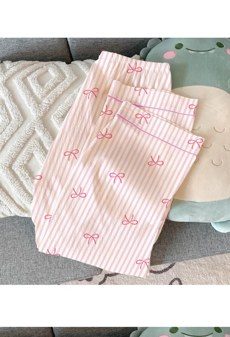 Women Summer Pajamas Three-piece Set Leisure Sleepwear Short Sleeve Lapel Sweet Bowknot Striped Print Homewear Female Loungewear