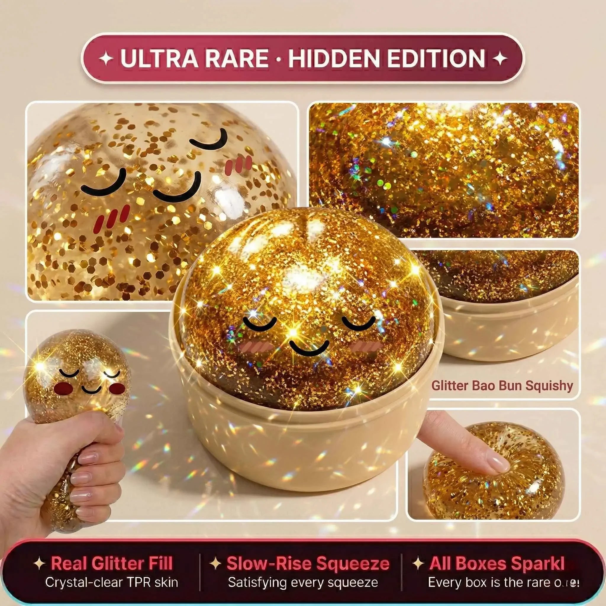 Gold Glitter Hidden Edition Dumpling Squishy | Viral Slow Rise Stress Relief Toy | Pink & Gold