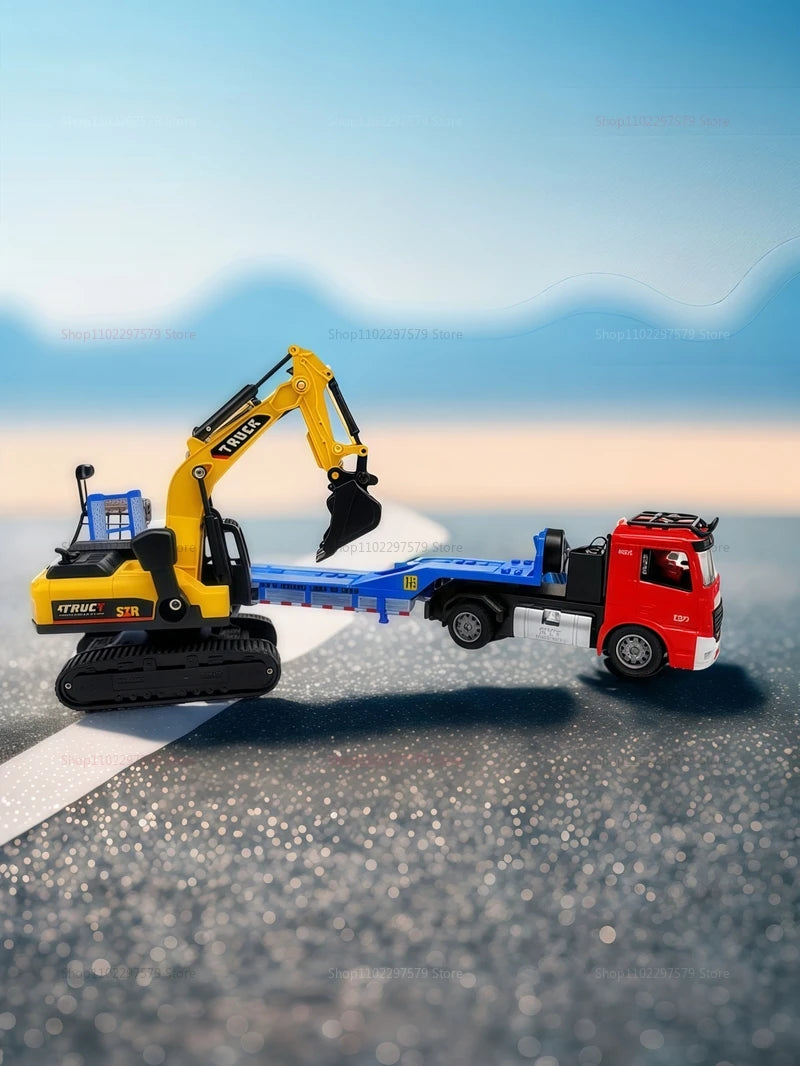 Large Flatbed Semi Truck Toy for Kids With Excavator 2-in-1 Alloy Engineer Vehicle 2.4G RC Car Toy for 2-5 Year Old Boy and Girl