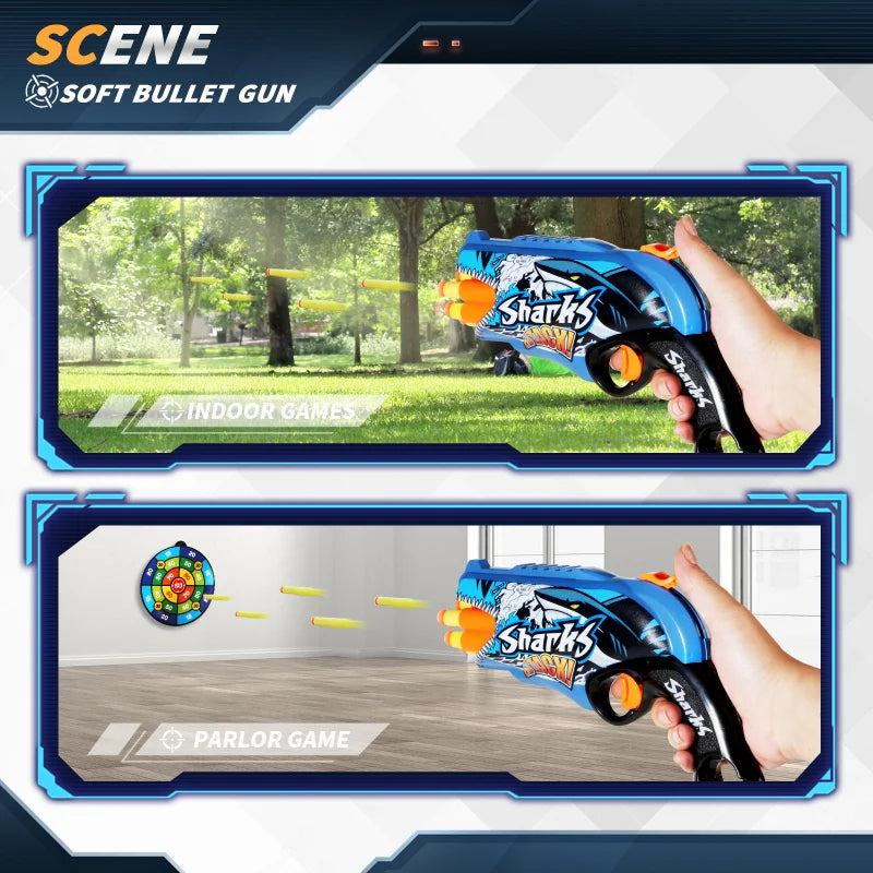 Children Air Soft Bullet Gun Toys Graffiti Shark Color Scheme 6-Round Automatic Safe Outdoor Shooting Sports Kids Boys Gifts
