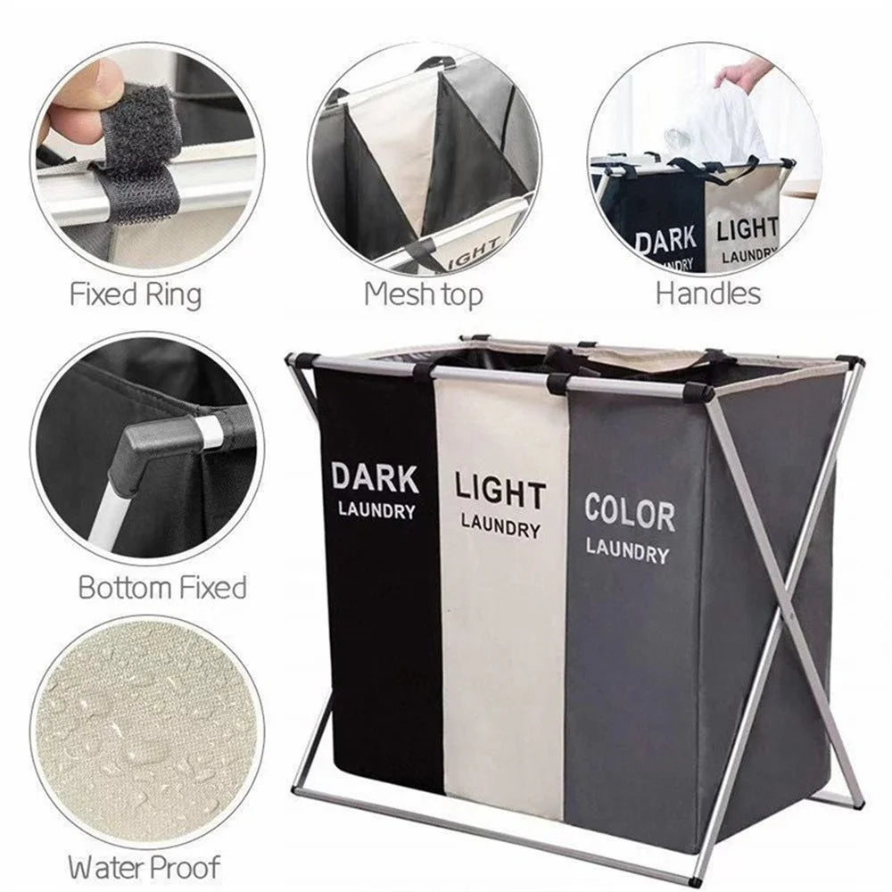 3 Grids Foldable Laundry Basket Large Capacity Toys Clothes Organizer Aluminum Bracket Waterproof Bathroom Laundry Basket Hamper