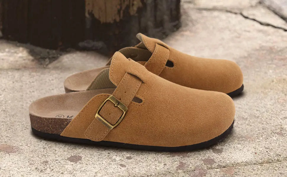 Goosecret Men Cow Suede Clogs Soft Cork Footbed Men Mules Slippers Fashion Men House Sandals With Arch Support Men Beach Sandals