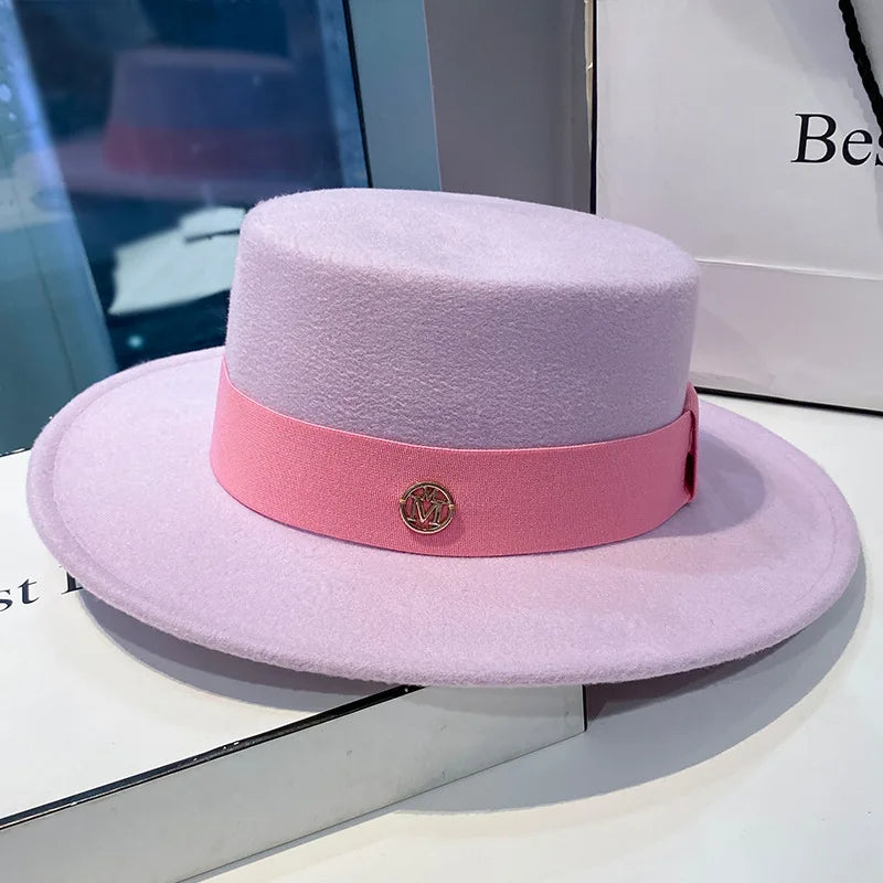 Women's Flat Top Fedora Hat with Ribbon Band – Elegant Panama Bowler for Church, Wedding & Party