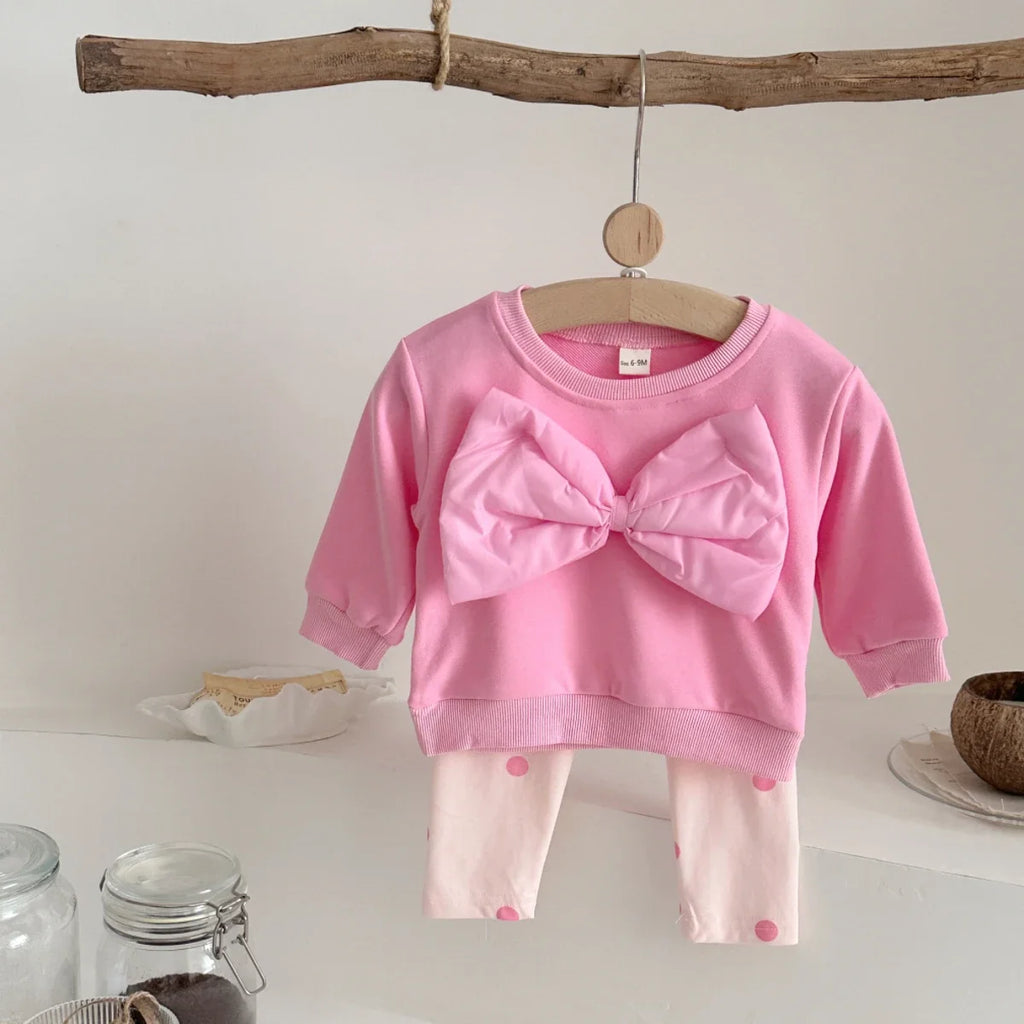 Baby Girl 3D Large Bow Polka Dot Top & Pants 2-Piece Set