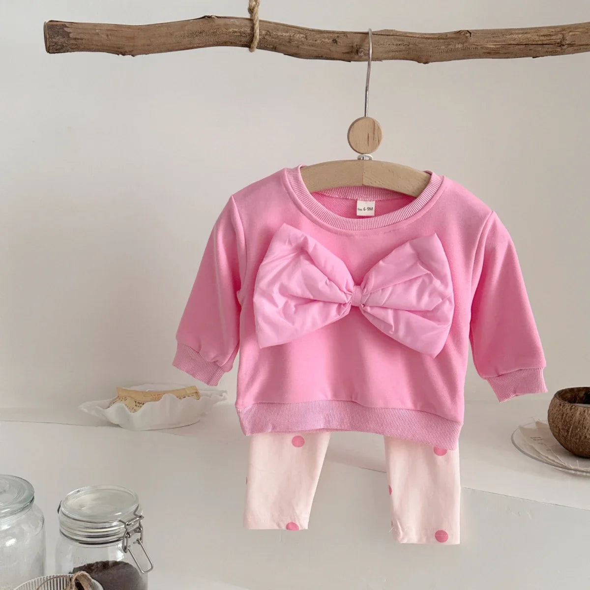 Baby Girl 3D Large Bow Polka Dot Top & Pants 2-Piece Set