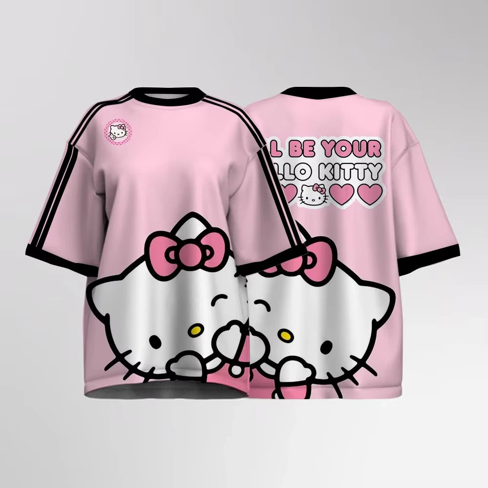 Oversized Hello Kitty Print Knit T-Shirt – Unisex Streetwear Short Sleeve Top