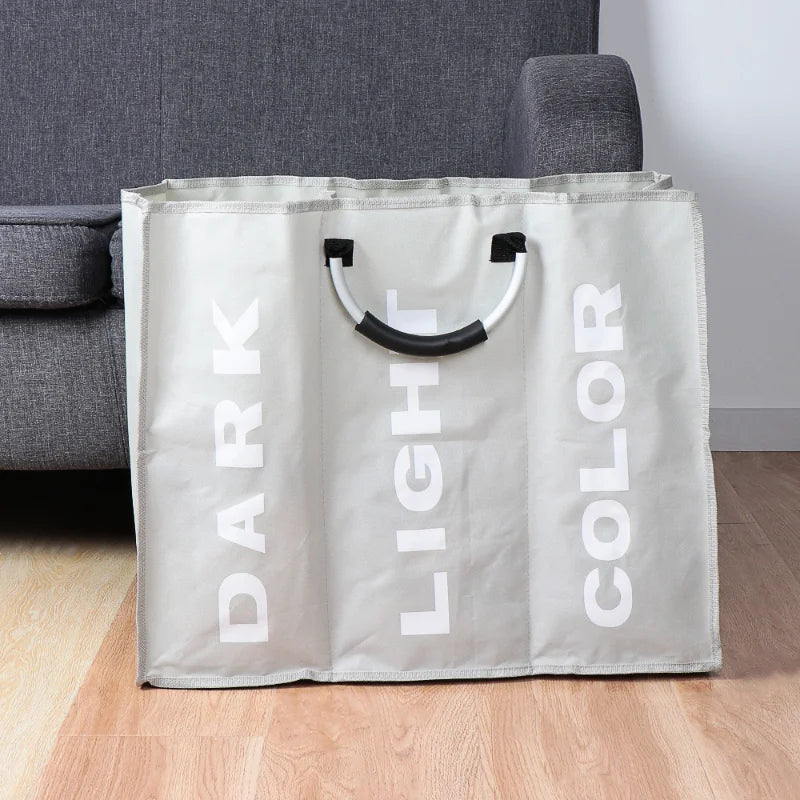 1PC Foldable Home Laundry Basket Large Dirty Laundry Basket Hamper 3 Section Oxford Cloth Dirty Clothes Bag with Aluminum Handle