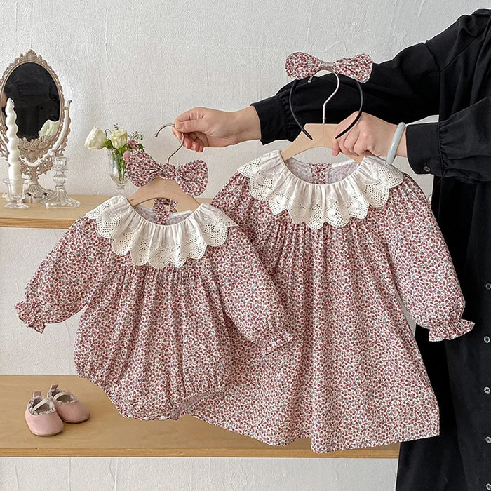 2026 New Spring Sister Dress Kids Princess Dresses Long Sleeved Cotton Print 2-7Yrs Girl Party Dress Baby Girl Romper