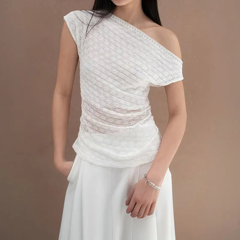 2026 Summer Women's Clothing Street Style One-shoulder Asymmetric Lace Lace Off-shoulder Lace Short-sleeved T-shirt for Women