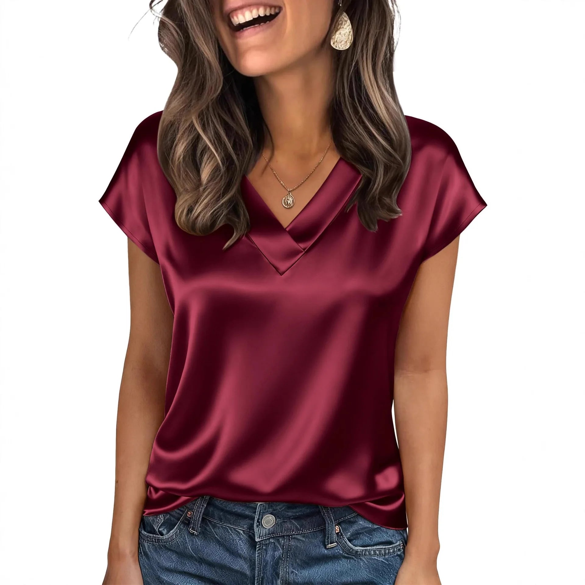 Women's Satin V-Neck Short Sleeve Blouse