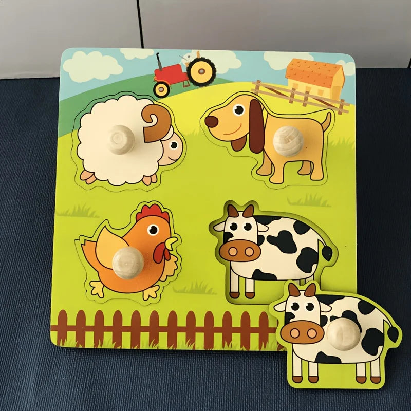 Wooden Animal Peg Puzzle Board Toy, Cartoon Farm Animal Pattern + Peg Matching Design