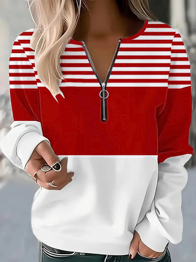 Women's quarter-zip pullover with stripes, suitable for street wear, daily use, printed casual style, round neck, long sleeve, s