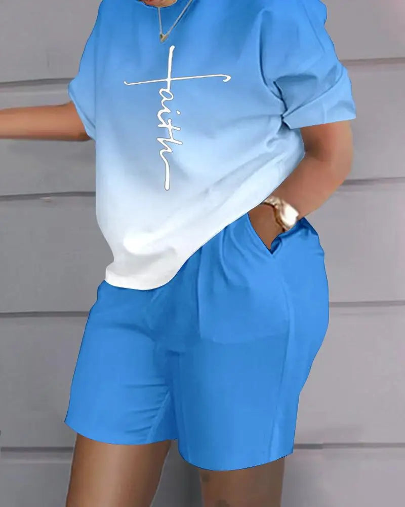 Women's Printed Wide Leg Pants & Short Sleeve Top Set