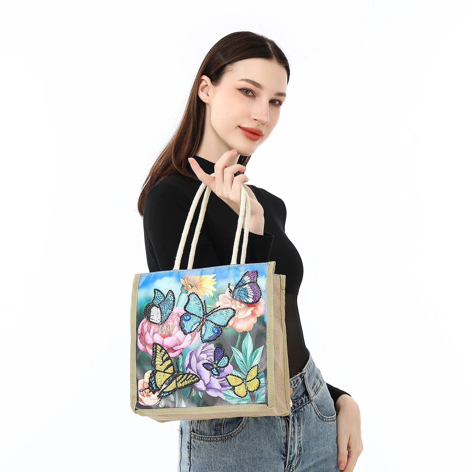 Flower Butterfly Diamond Art Painting Tote Bag,5D DIY Rhinestone Cross Stitch Shopping Bag Shoulder Bag Canvas Grocery Bag