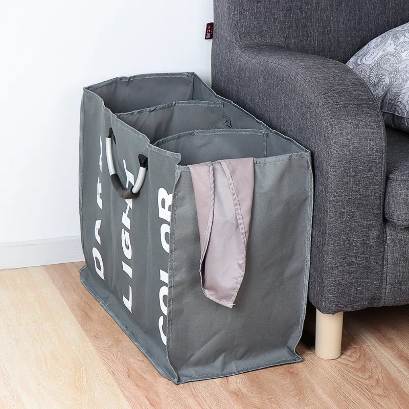 1PC Foldable Home Laundry Basket Large Dirty Laundry Basket Hamper 3 Section Oxford Cloth Dirty Clothes Bag with Aluminum Handle