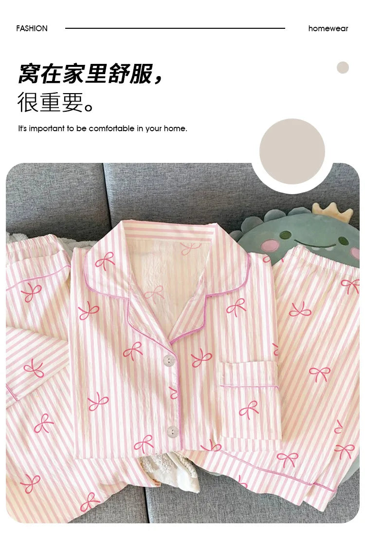 Women Summer Pajamas Three-piece Set Leisure Sleepwear Short Sleeve Lapel Sweet Bowknot Striped Print Homewear Female Loungewear