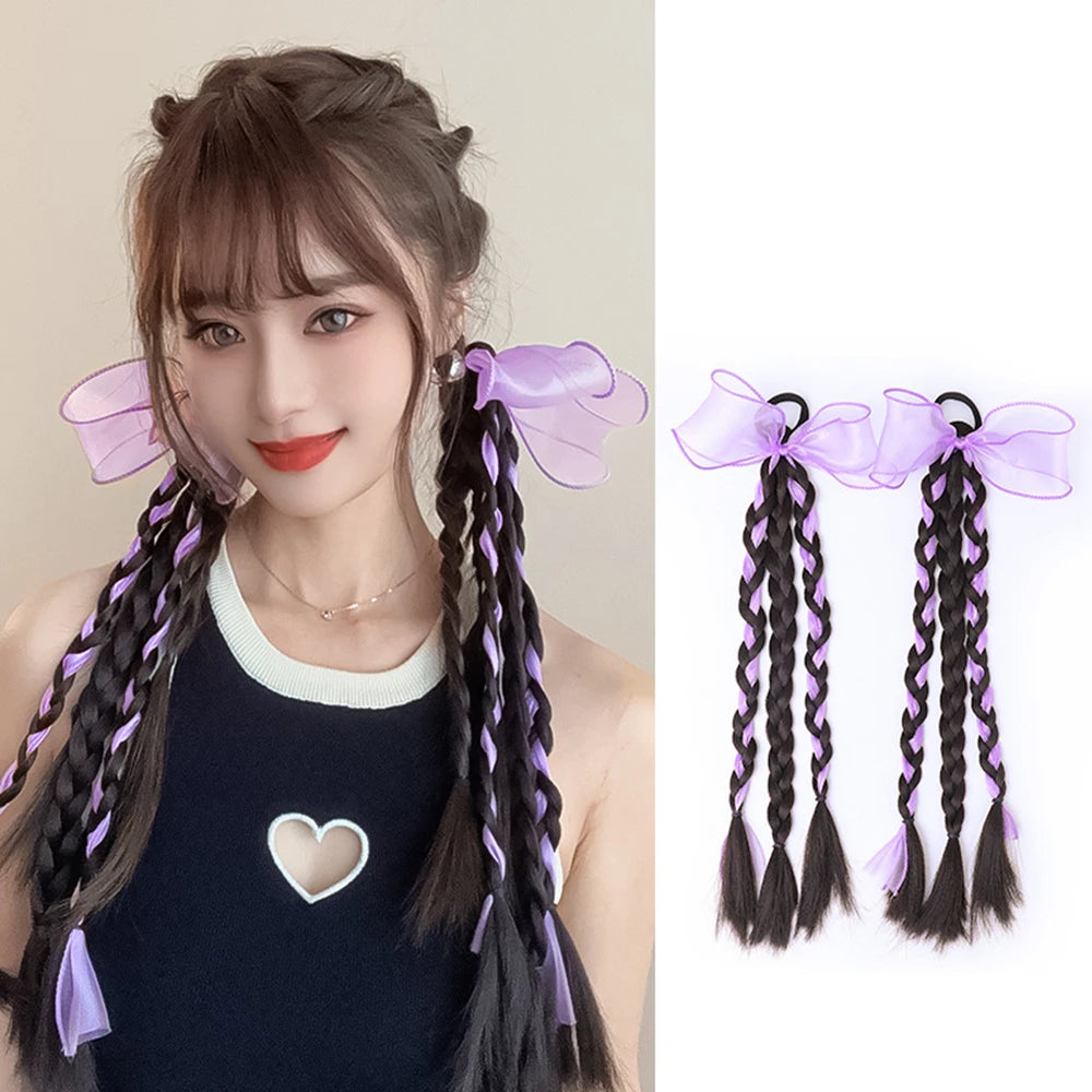 Colorful Bow Braid Hair Ring & Ponytail Tie – Sweet Twist Long Braid Hair Accessory for Girls & Women