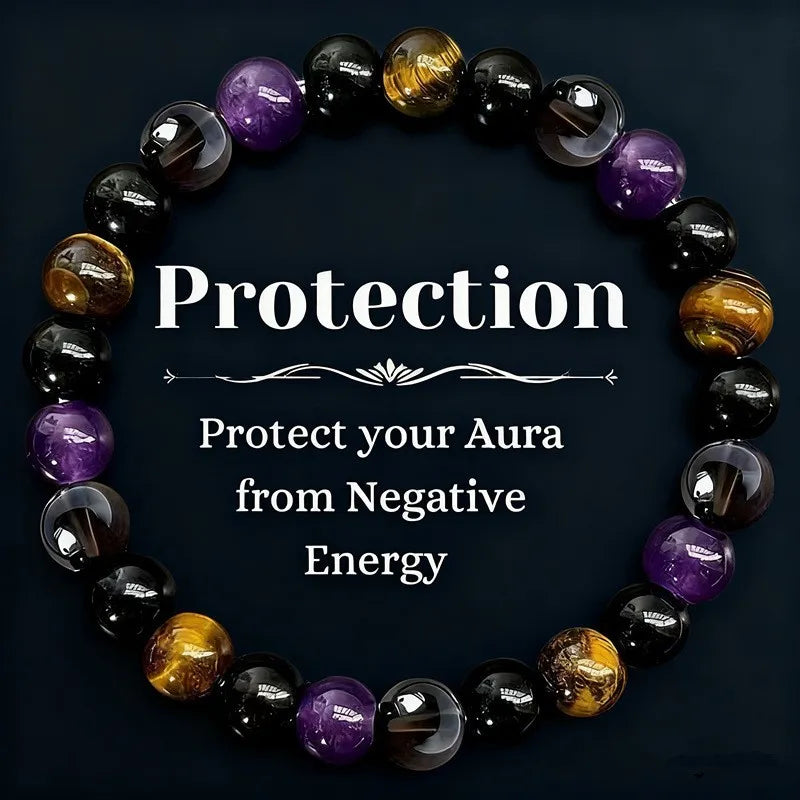 Natural Stone Beaded Bracelet – Amethyst, Crystal, Agate & Tiger Eye Reiki Healing Jewelry