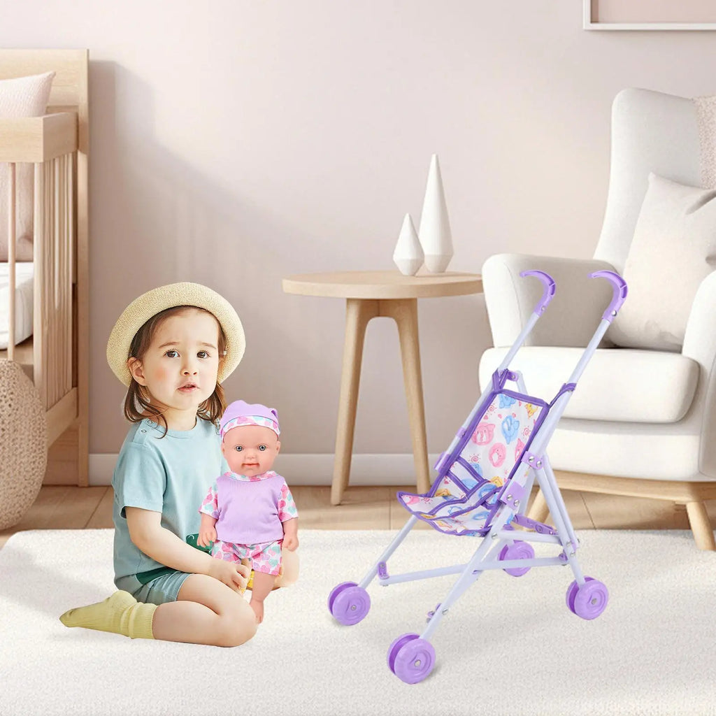 Toddler Doll Stroller & Pram Toy | Pretend Play | Dress-Up Doll Accessory | Purple