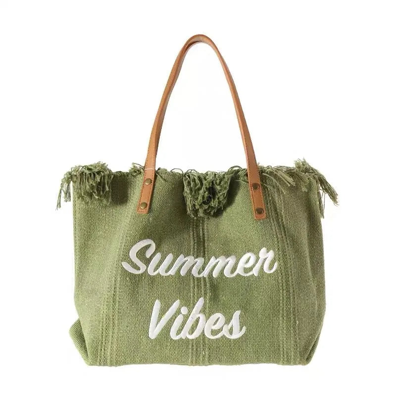 Women's Canvas Embroidered Letter Tote Bag