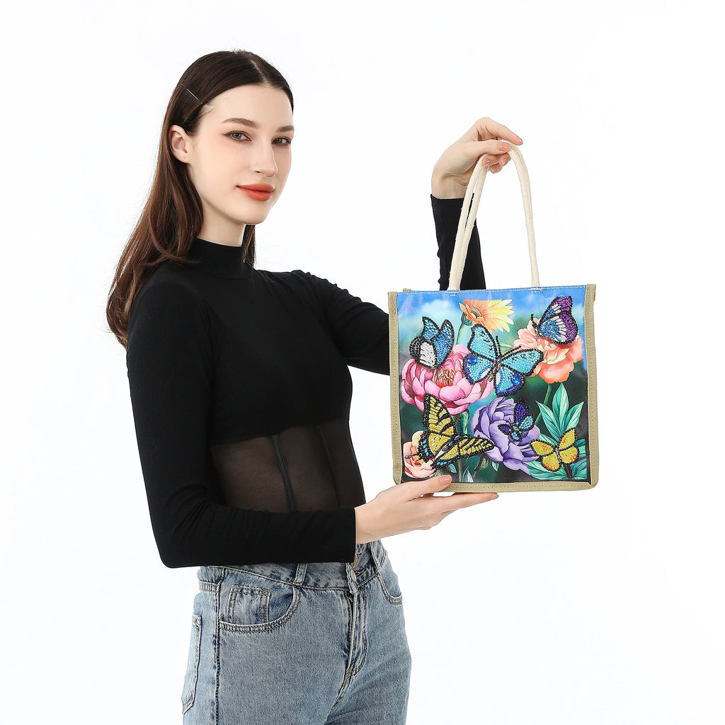 Flower Butterfly Diamond Art Painting Tote Bag,5D DIY Rhinestone Cross Stitch Shopping Bag Shoulder Bag Canvas Grocery Bag