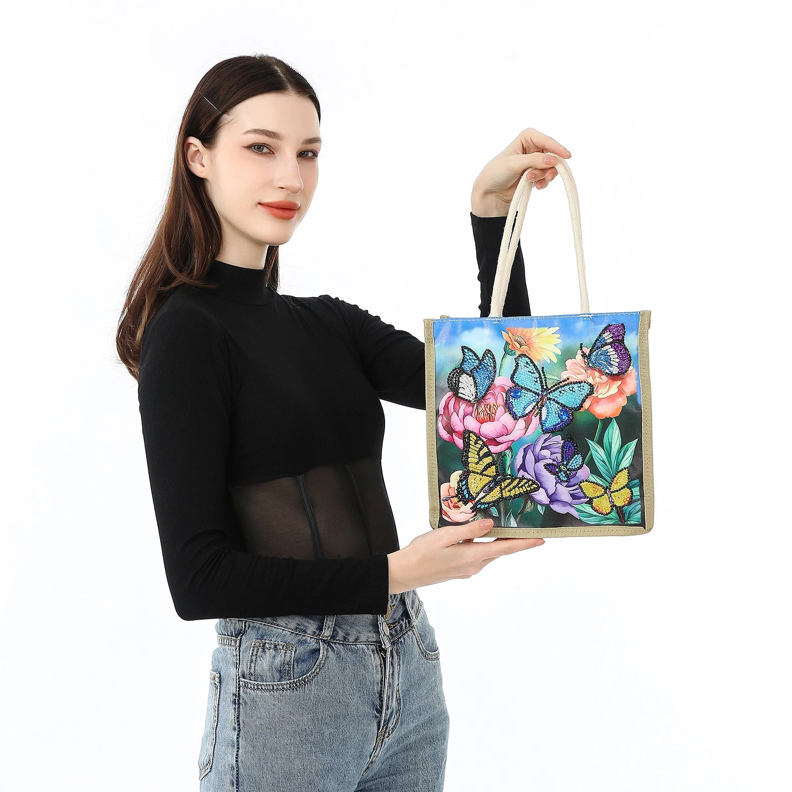 Flower Butterfly Diamond Art Painting Tote Bag,5D DIY Rhinestone Cross Stitch Shopping Bag Shoulder Bag Canvas Grocery Bag