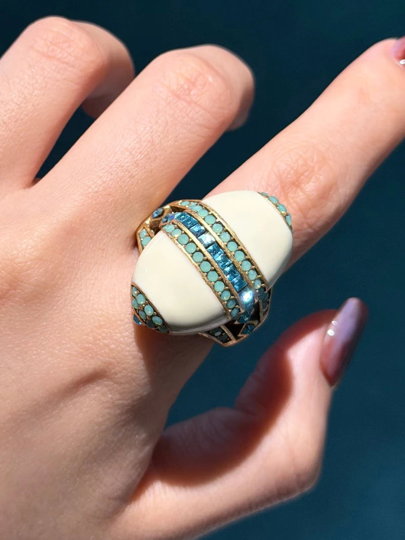Vintage Oval Sea Blue Crystal Rings Natural Stone White For Woman 18k Real Gold Plated Luxury Antique Jewelry High Quality 2026