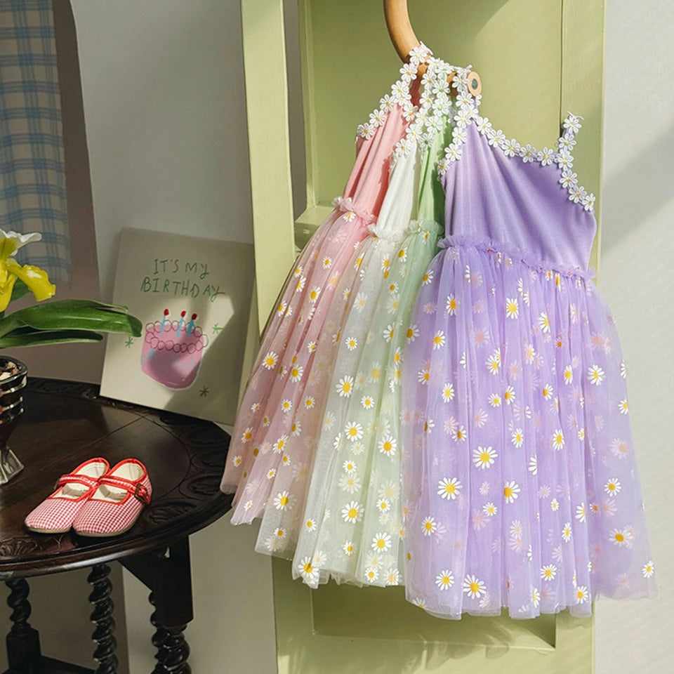 2026 Summer Girls Sling Dress Cute Daisy Print Tulle Skirt Casual Party Dress Kids Princess Dress with Lace Flower Trim 2-8Years