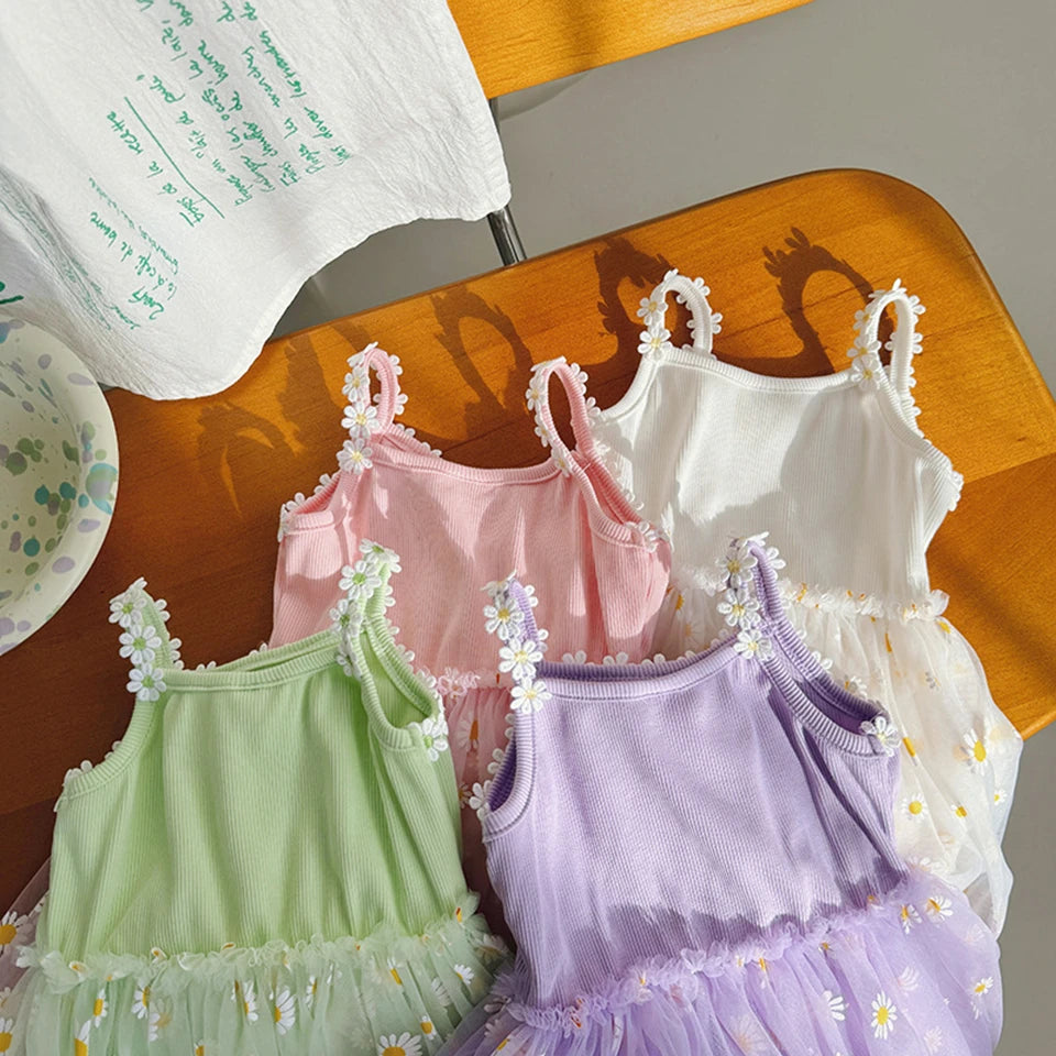 2026 Summer Girls Sling Dress Cute Daisy Print Tulle Skirt Casual Party Dress Kids Princess Dress with Lace Flower Trim 2-8Years