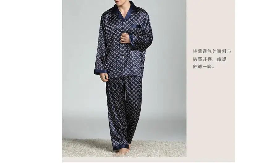 2026Men's Spring Summer Pajamas Sets Long Sleeve Tops&Pants Two-pieces Satin Home Clothes Male Ice Silk Printed Lounge Nightwear
