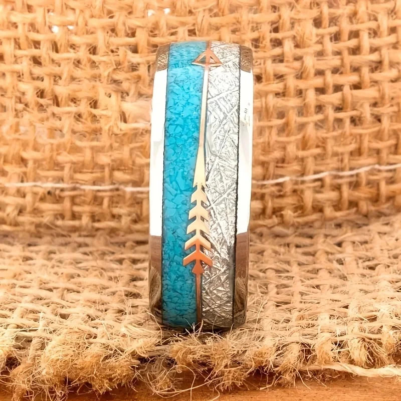 Elegant Stainless Steel Women's Vintage Ring with Unique Arrow and Turquoise Inlay - Comfort Fit for Wedding/Engagement