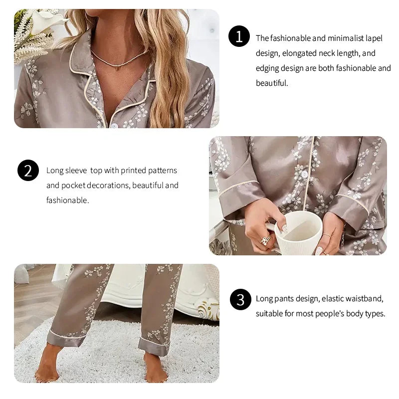 2026 Women Satin Pajama Casual Sleepwear Home Suit Spring Long Sleeve Button Up Top & Pants Nightwear Loungewear Pyjama Femme